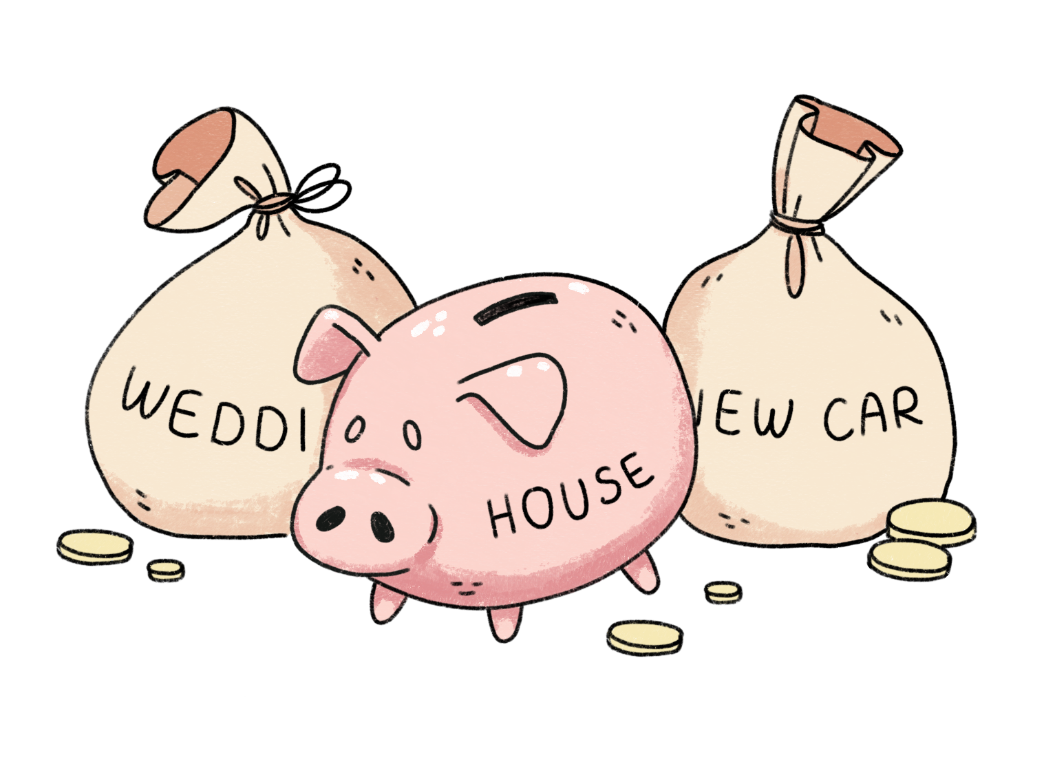An illustration representing savings pots. The first is a sack of money with 'Wedding' written on, next is a piggy bank labelled 'House', and lastly there is another sack of money with 'New car' on it.