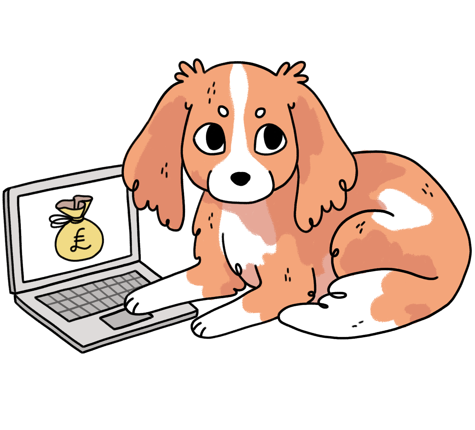 Illustration of Rolo the dog sat at a laptop with a large sack of money displayed on the screen